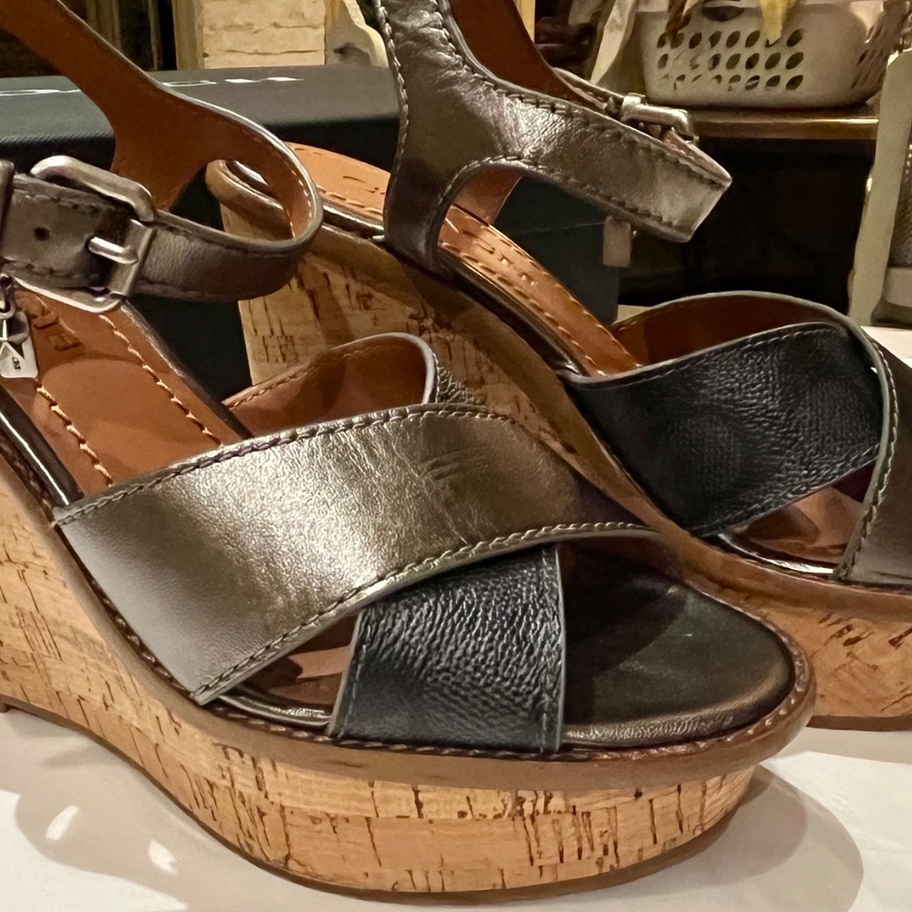 Coach Cross Band High Wedge Sandal Charcoal Gunmetal Size 6.5 - Picture 8 of 12
